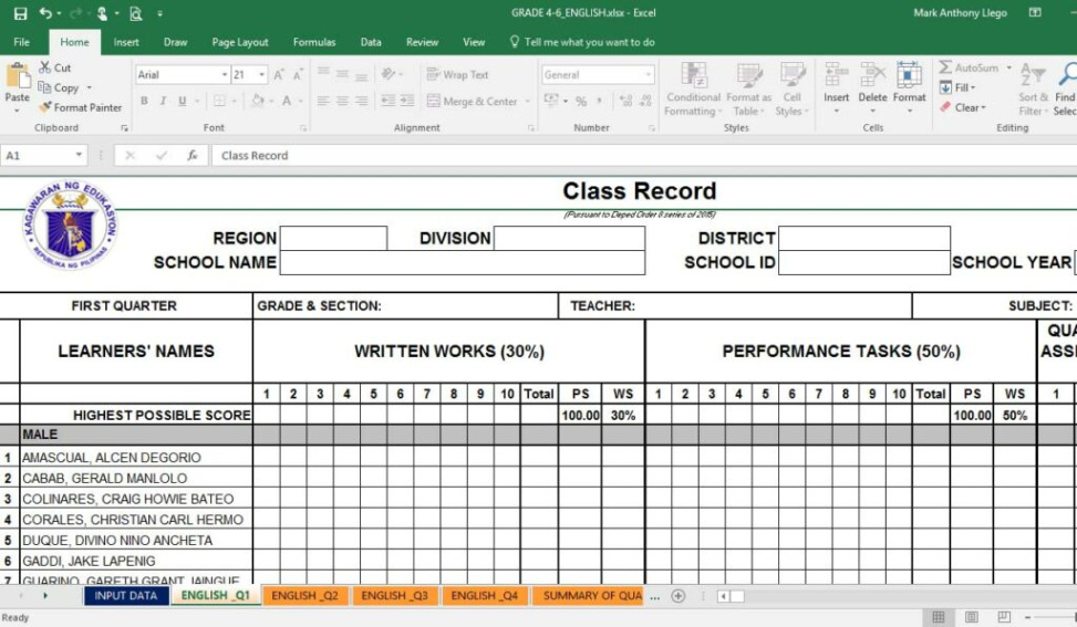 free printable grade record keeping template doc