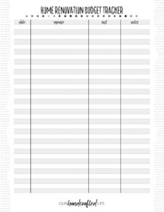 printable home improvement record keeping template doc