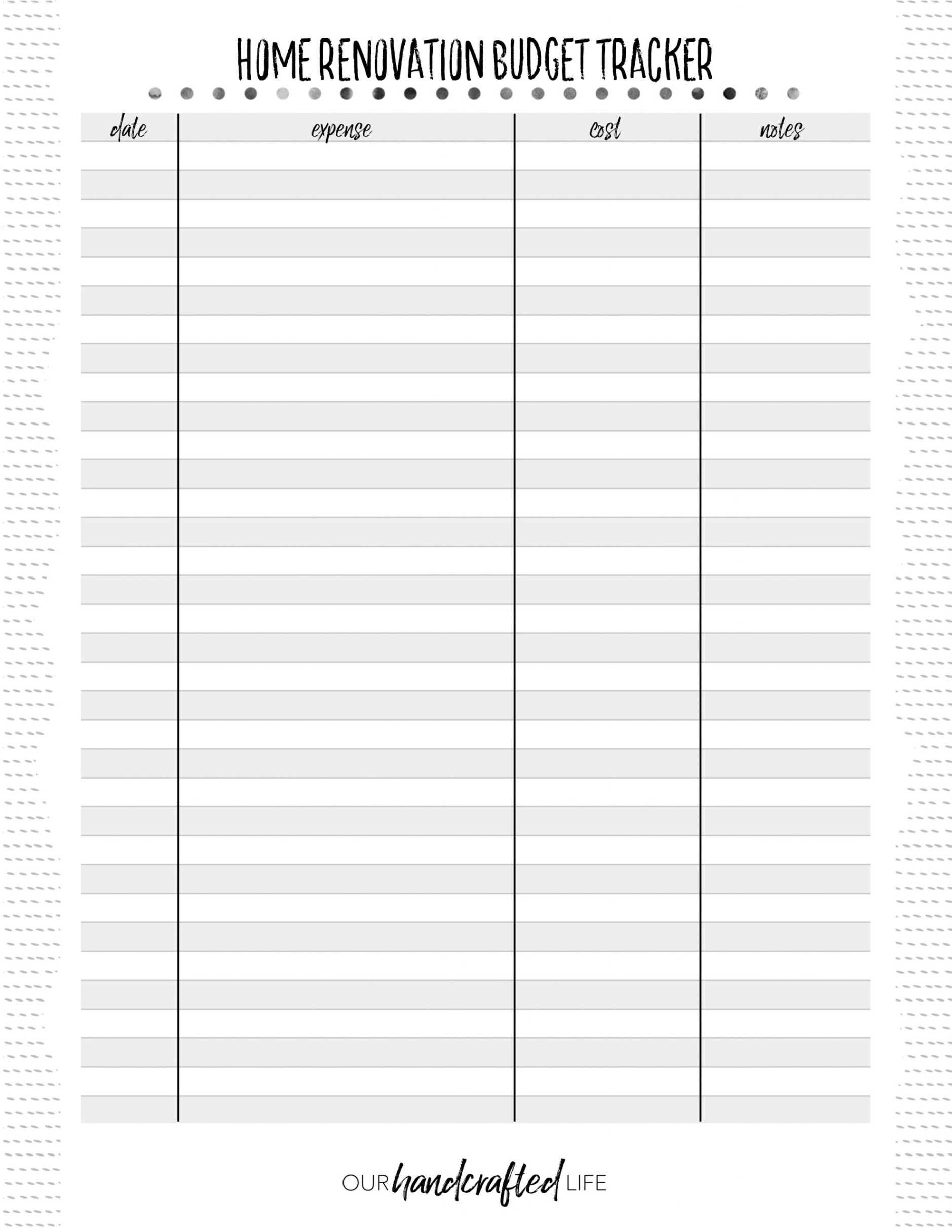 printable home improvement record keeping template doc