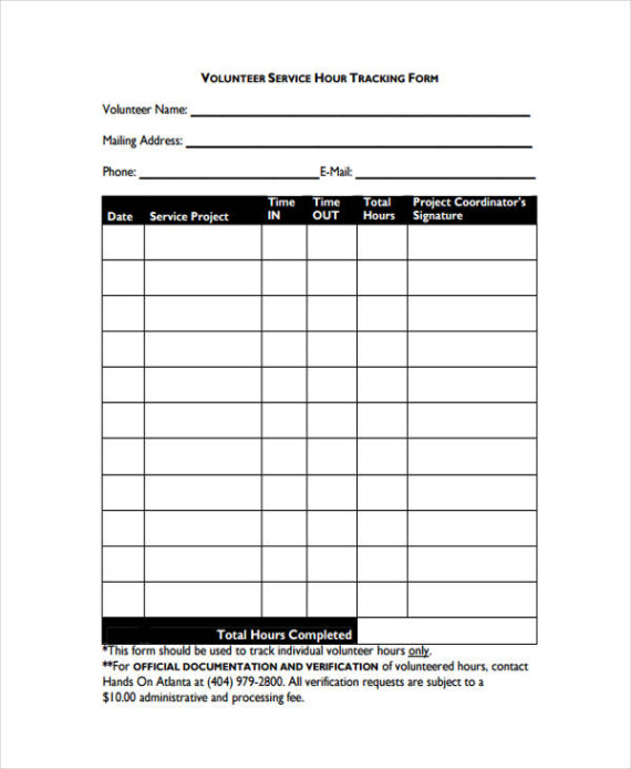 blank volunteer hours tracking record template pdf