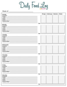 editable 3 day food record template word