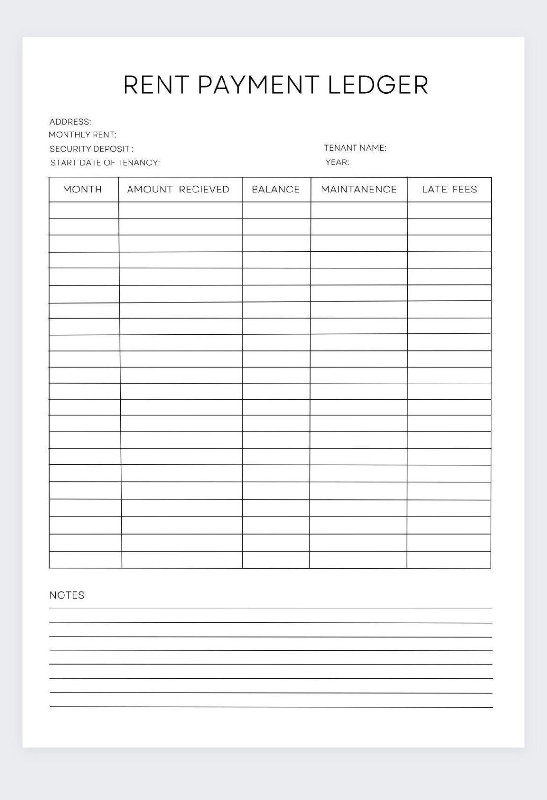 free editable tenant rental payment record template word