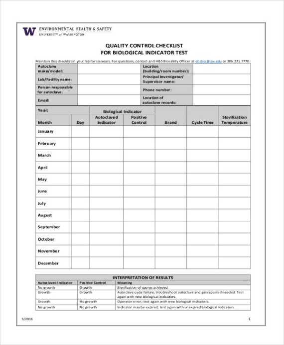 sample quality assurance checklist record template pdf