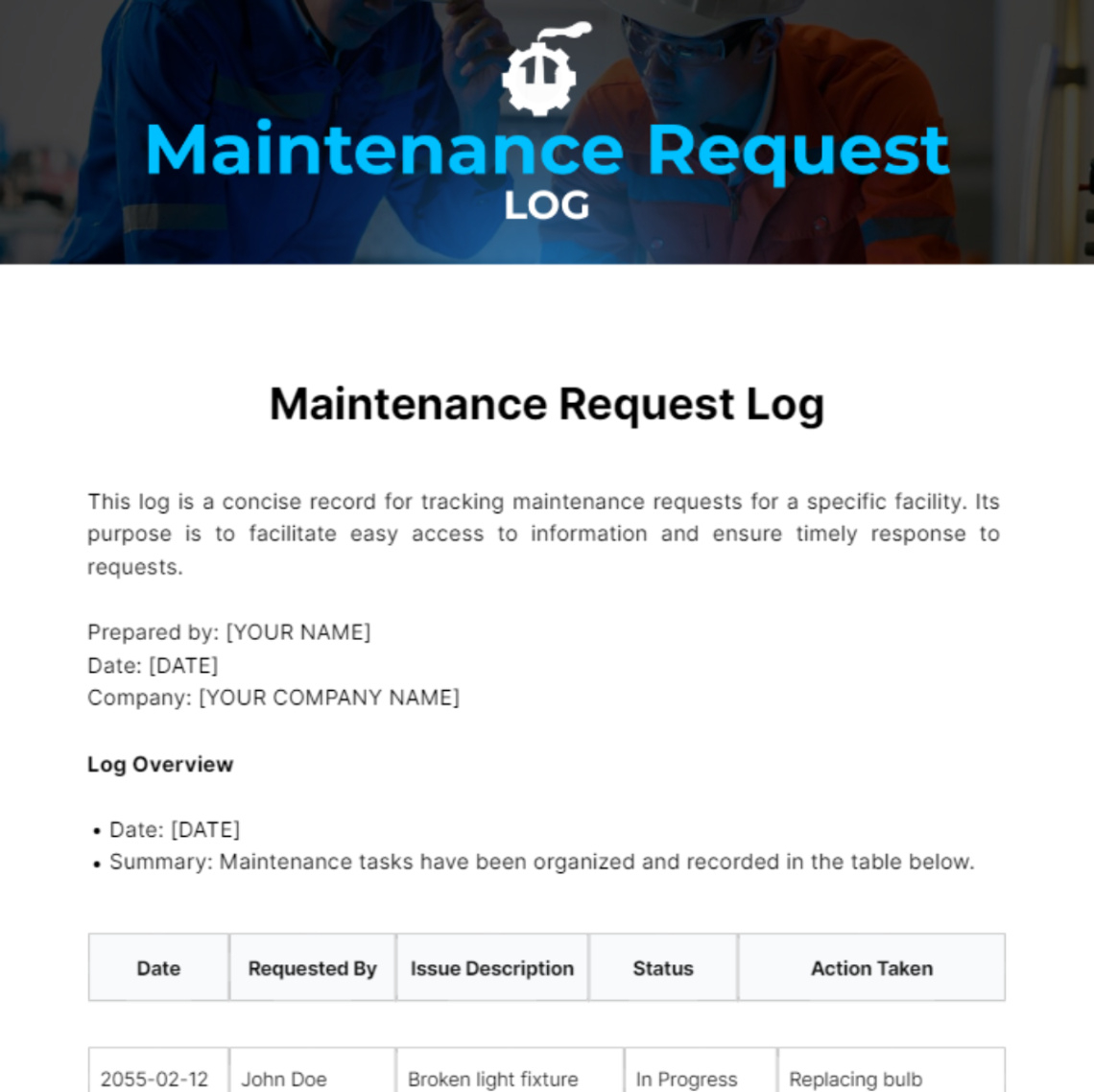 blank computer maintenance record template doc