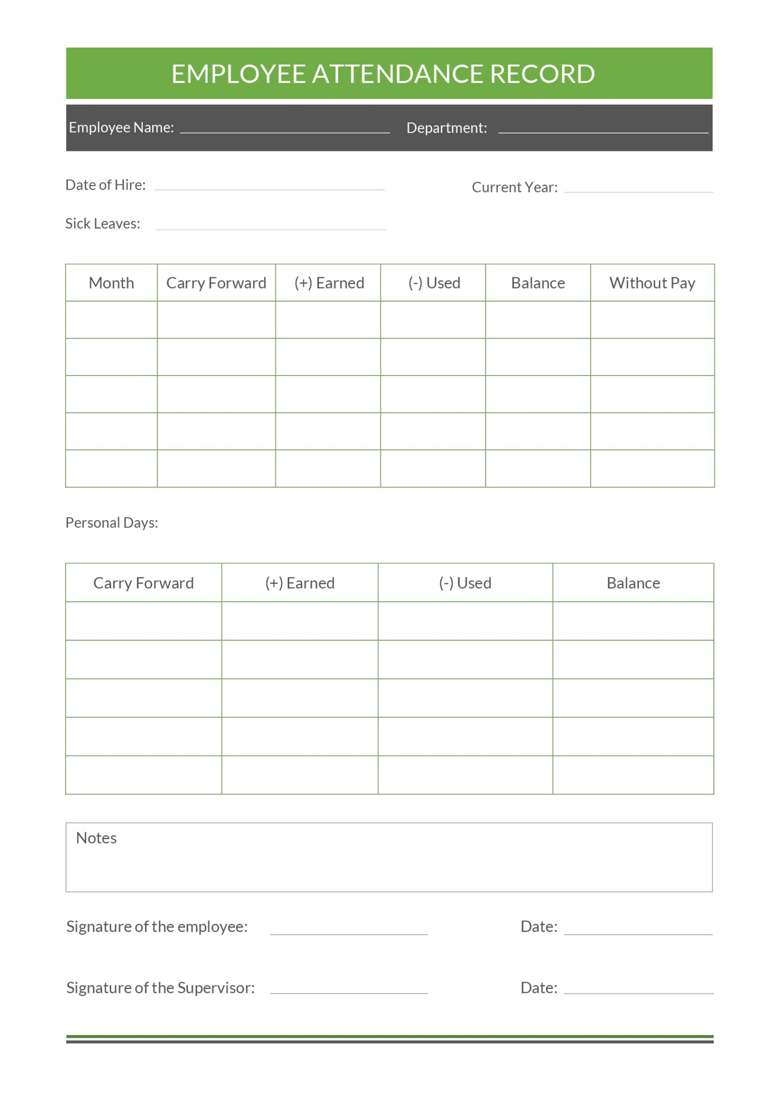 blank employee annual attendance record template