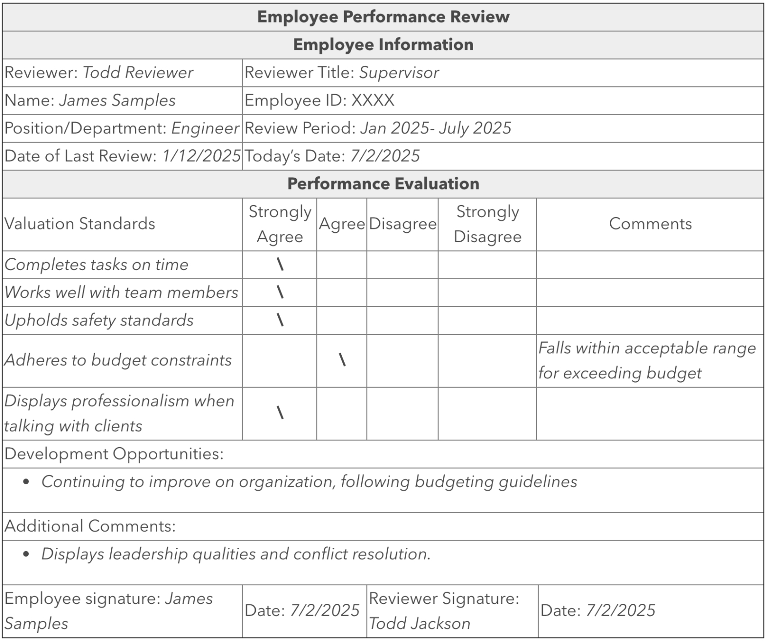 editable employee performance record template example