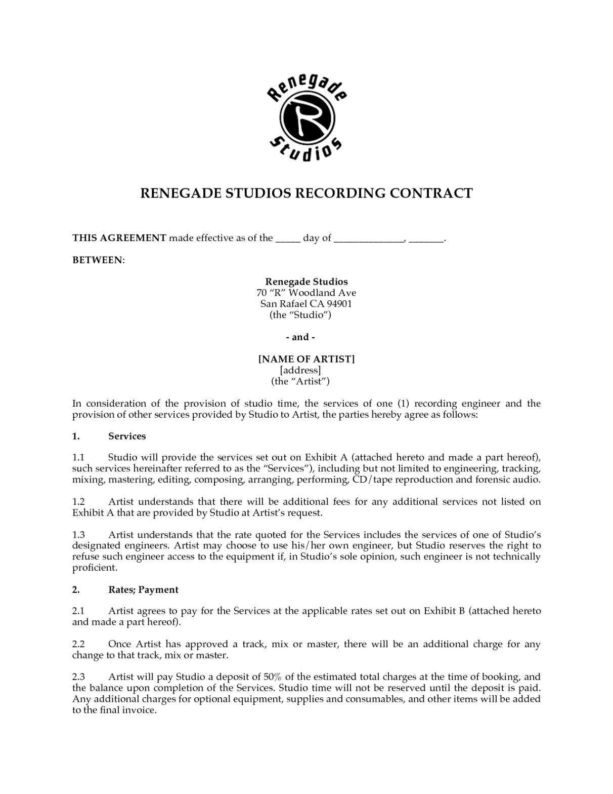 free editable music record label contract template doc