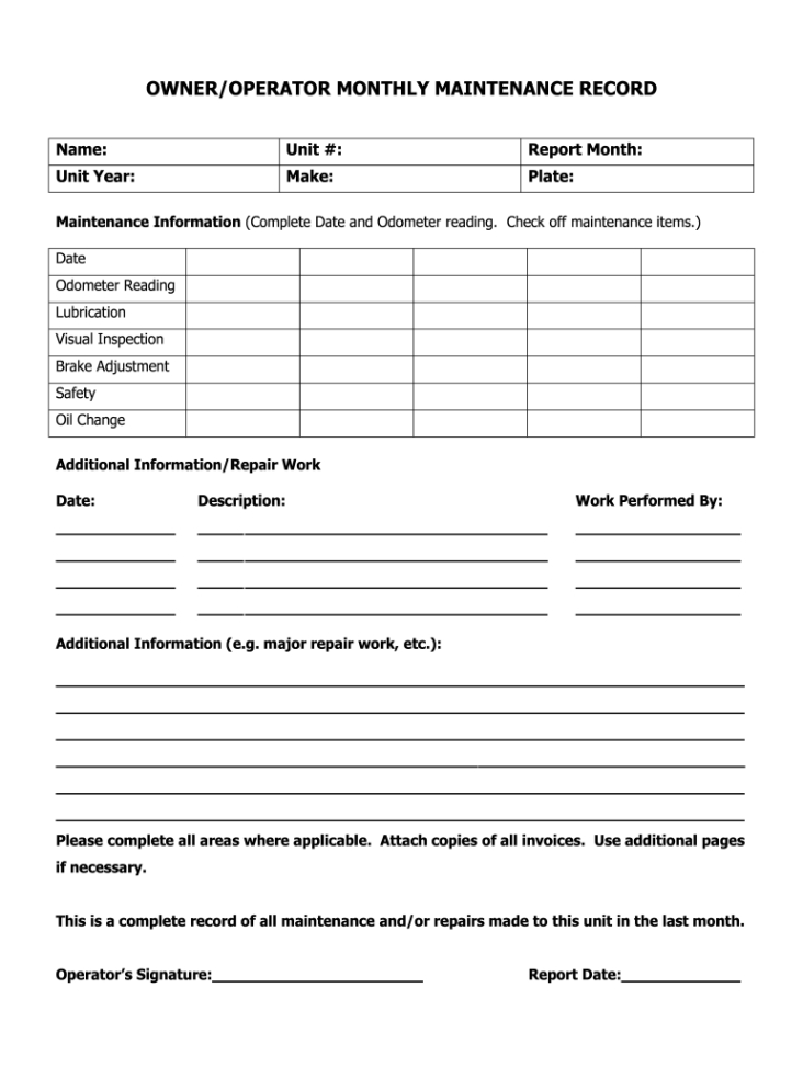 free editable vehicle maintenance and service record template sample