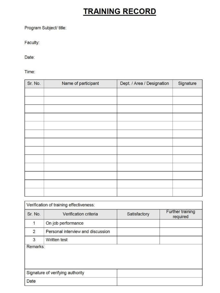 free sample bar staff training record template doc