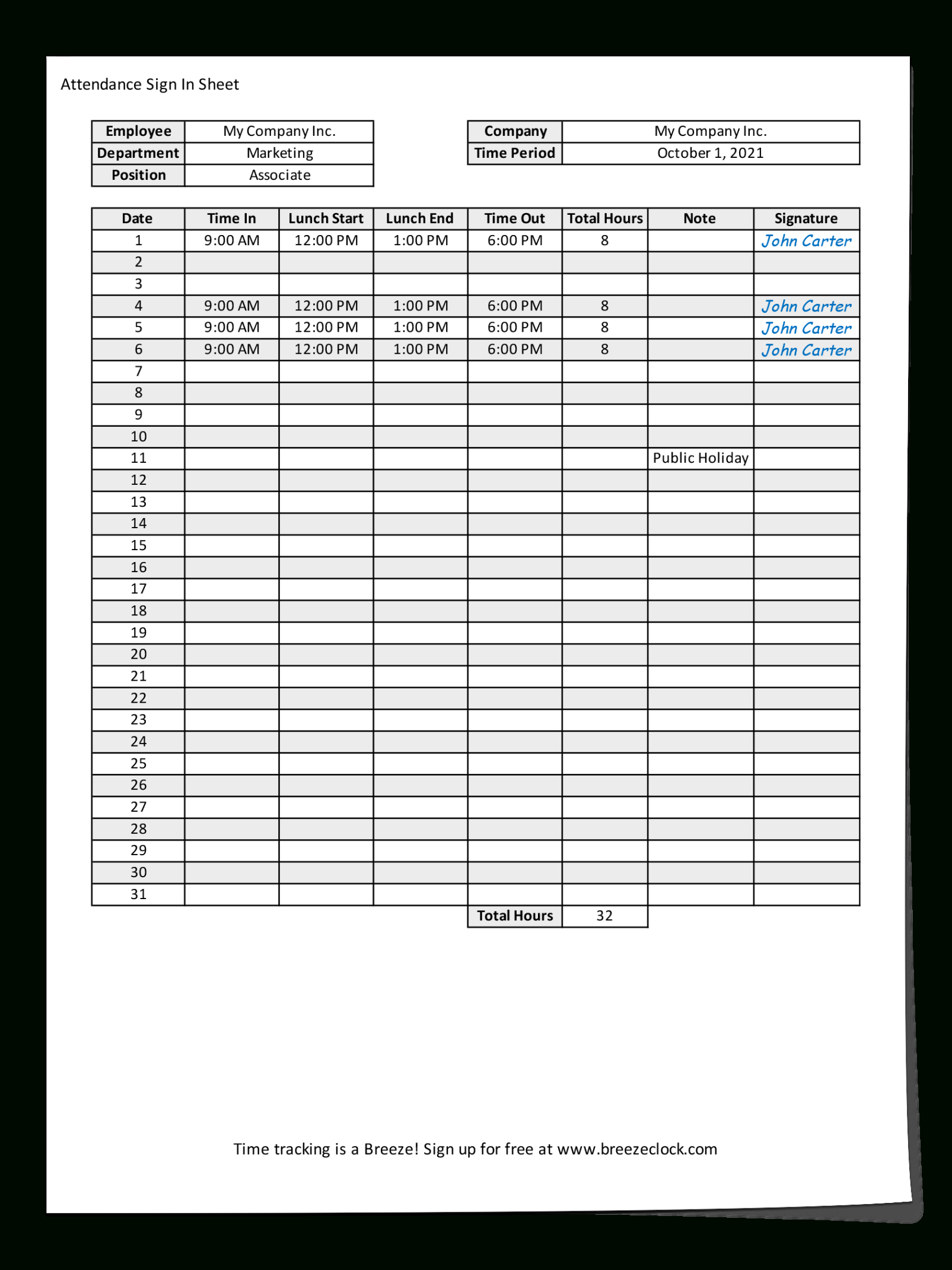 free  training attendance record template sample