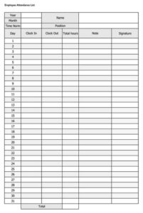 printable employee daily attendance record template pdf