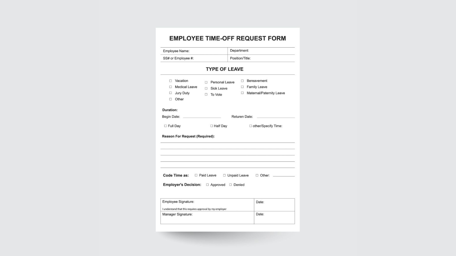 printable employee time off record template pdf