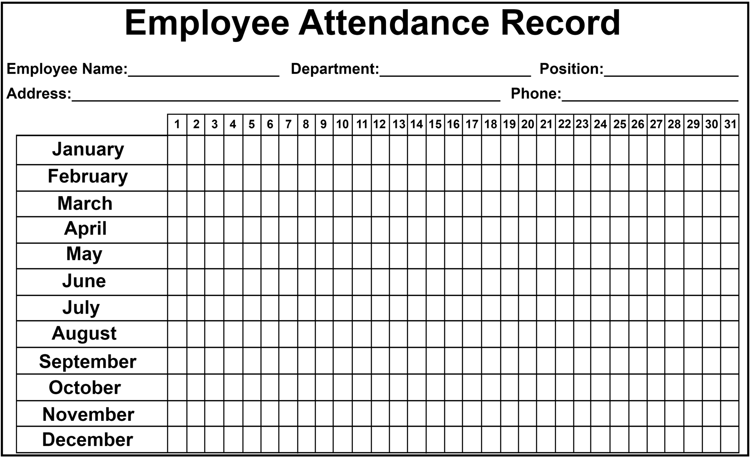 printable monthly employee attendance record template excel