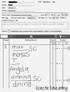 printable running record template for teachers sample