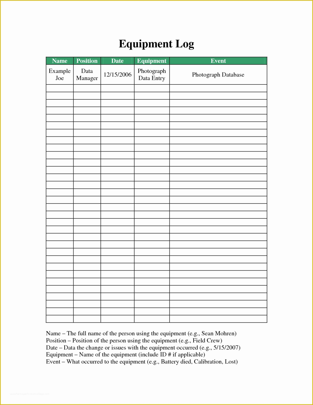 printable work equipment maintenance records template word