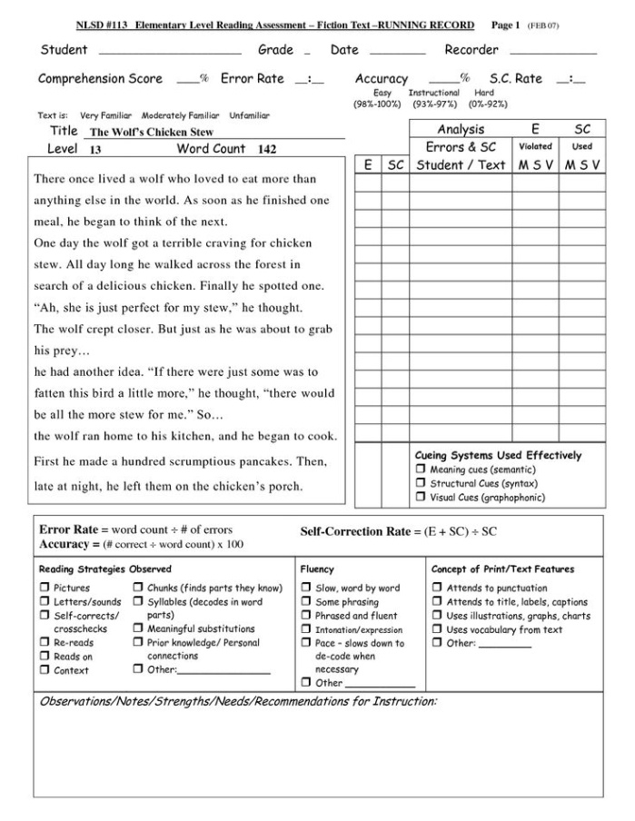 sample reading running record template excel