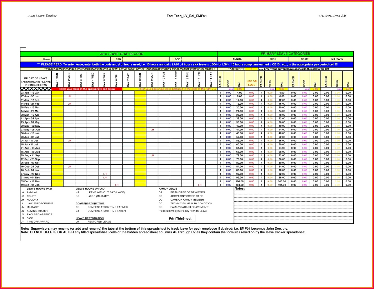 free printable employee sick leave record template sample