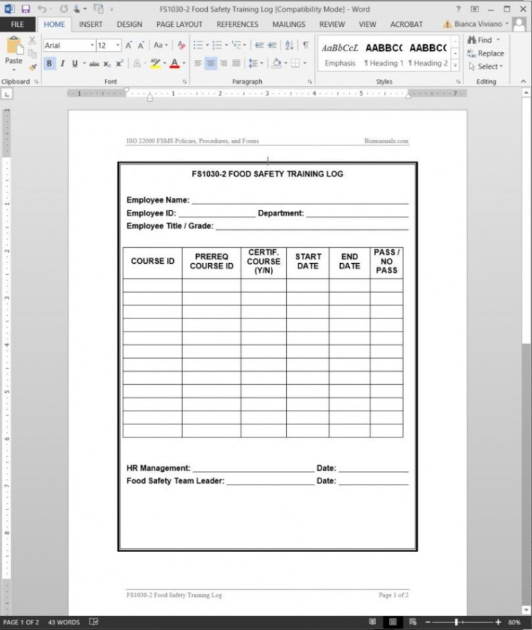 free sample health and safety training record template word