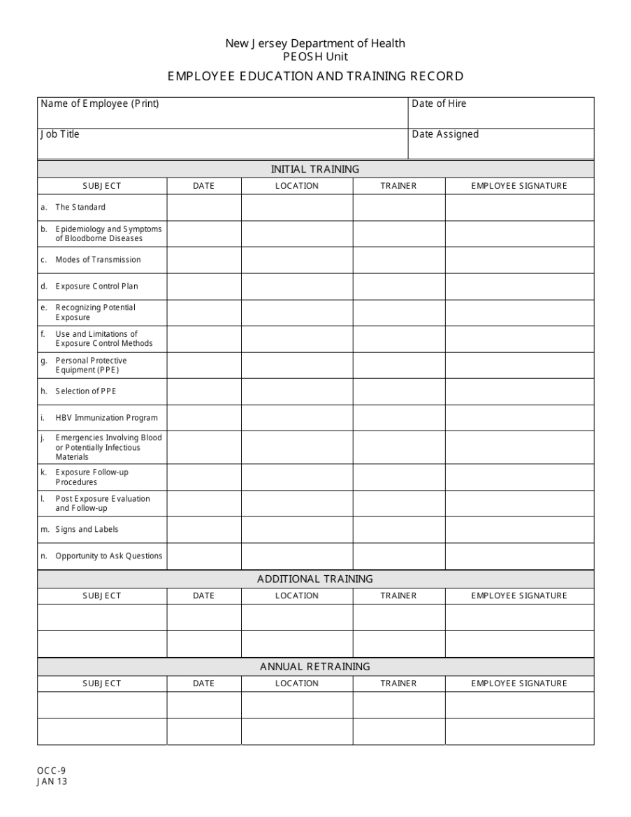 individual training record template sample