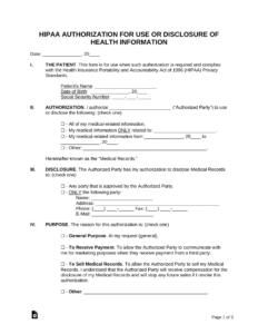 free medical records release authorization form waiver  hipaa  pdf authorization for release of protected health information template doc