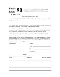 free peninsula performances recording release form  wnmufm audio recording release form template