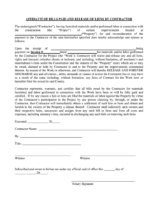 printable affidavit of bills paid and release of liens by contractor  fill and final release of lien template word