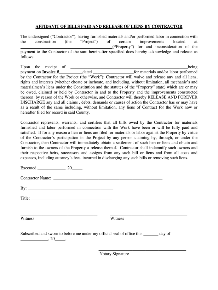 printable affidavit of bills paid and release of liens by contractor  fill and final release of lien template word