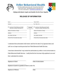 printable client forms  feller behavioral health mental health release of information template pdf