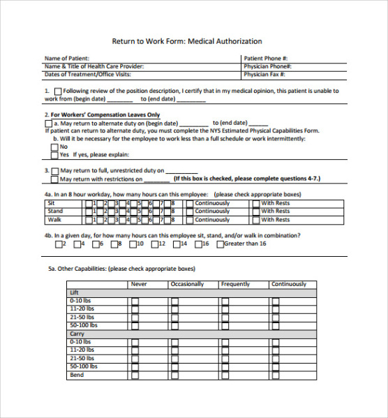 Custom Medical Release Form To Return To Work Template