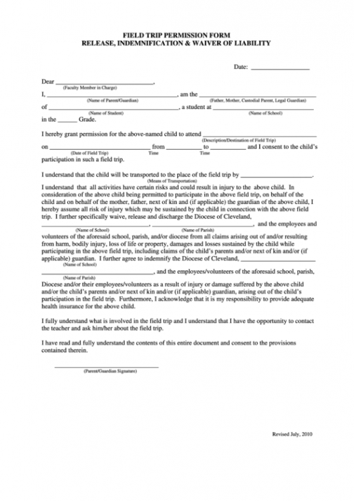 Field Trip Release Form Template  Sample