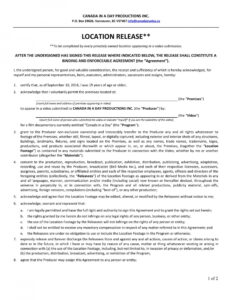 Free Printable Film Location Release Form Template Doc Sample